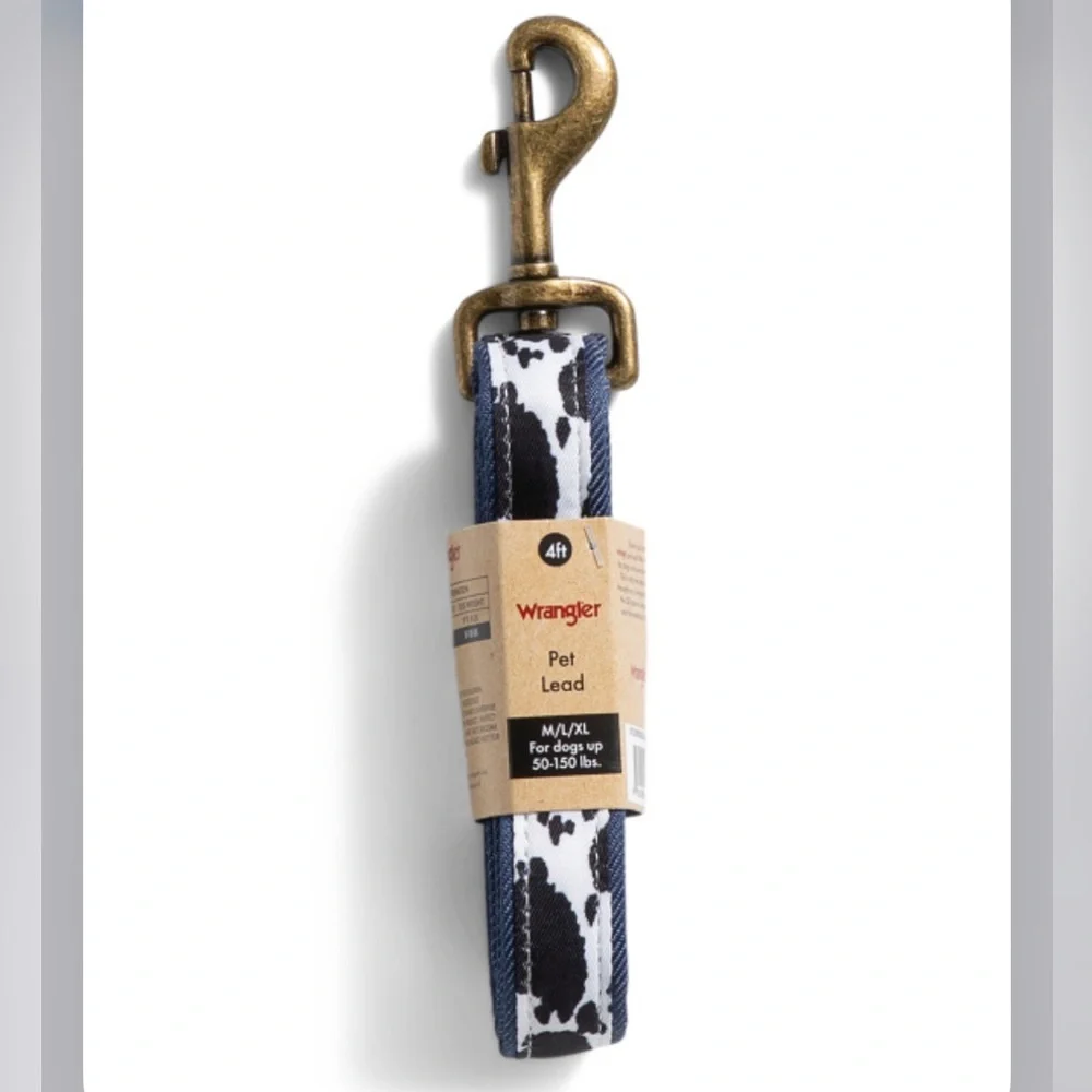 Wrangler XSmall/Small Dog Overlay Leash in Cow Print black white denim blue NWT